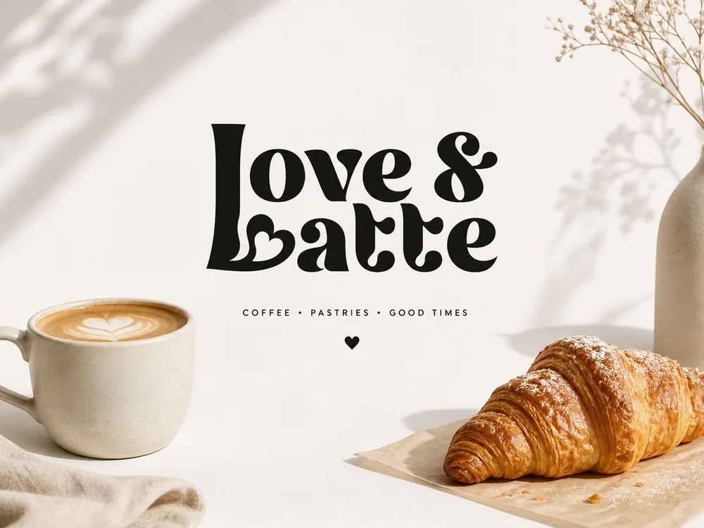 Love and Latte logo on a cream backdrop beside a flat white and a croissant.