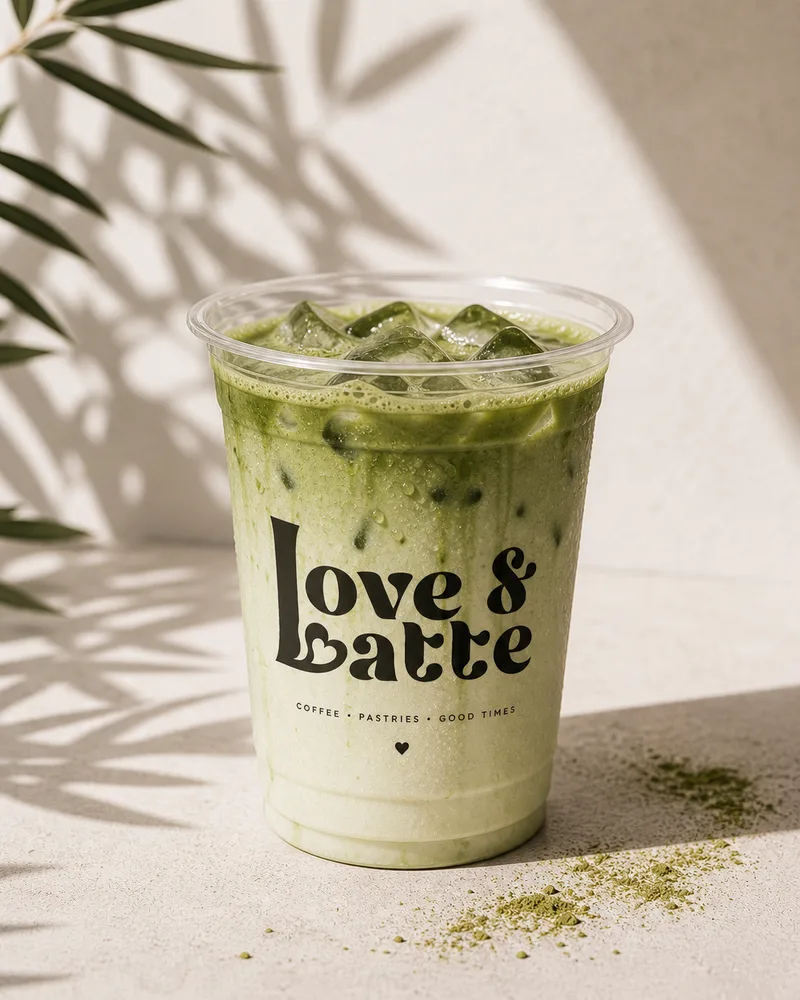 Iced matcha latte in a clear cup carrying the Love and Latte logo.