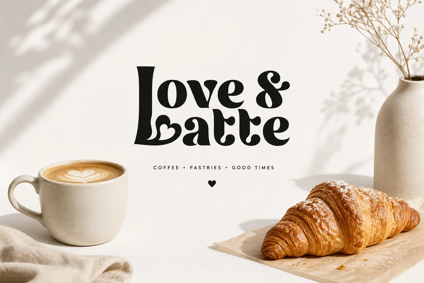 The Love and Latte logo set on a cream backdrop beside a flat white and a croissant.