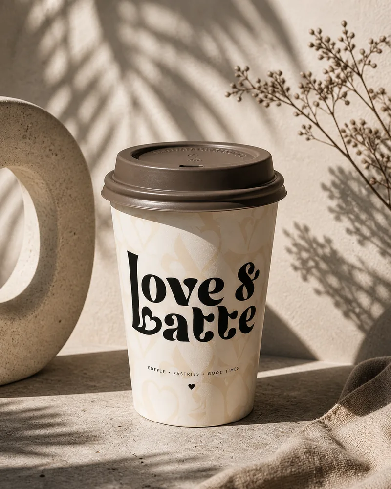 Hot cup with a patterned heart wrap and the Love and Latte mark.