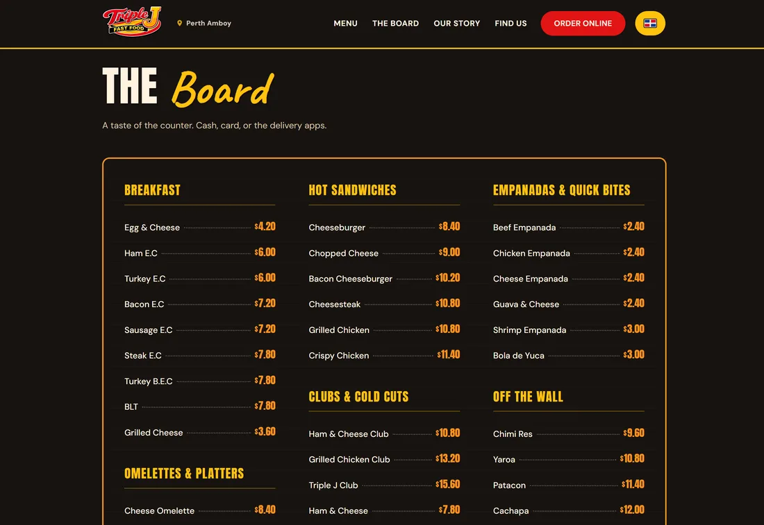 The Board page listing breakfast, hot sandwiches, empanadas and clubs in three columns with prices.