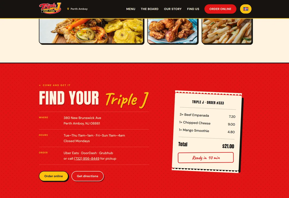 Find Us page with address, hours, delivery apps and a printed receipt graphic.