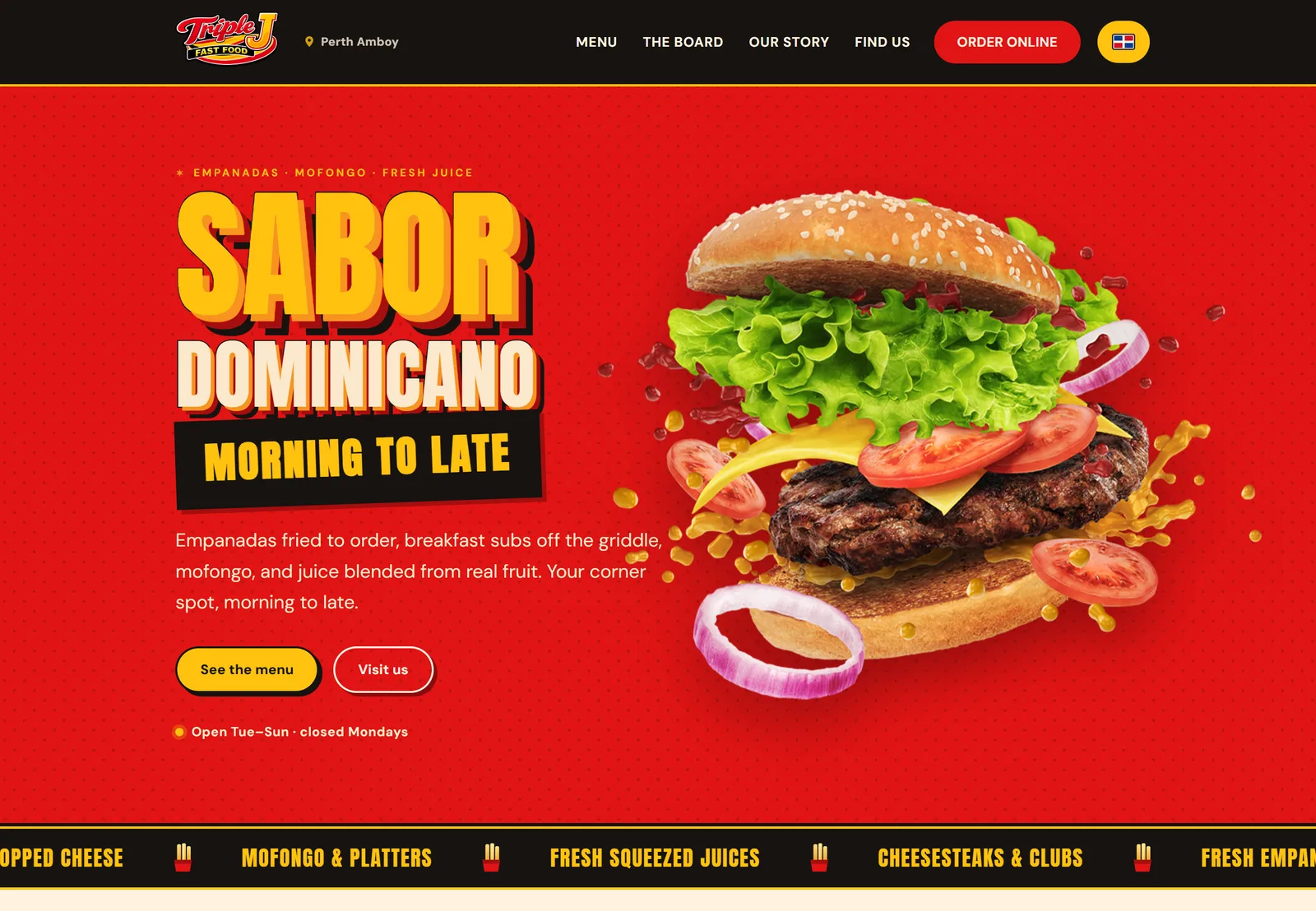 Triple J Fast Food homepage: a red hero reading Sabor Dominicano, morning to late, with a stacked burger and See the menu and Visit us buttons.