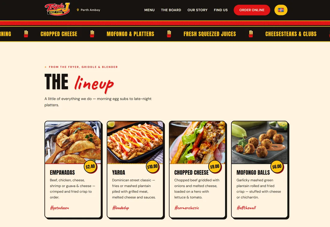 The Lineup page with product cards for empanadas, yaroa, chopped cheese and mofongo balls.