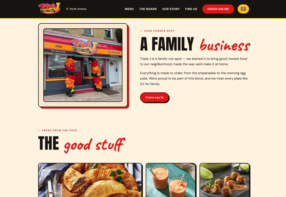 A family business page with a photo of the Triple J storefront and its story.